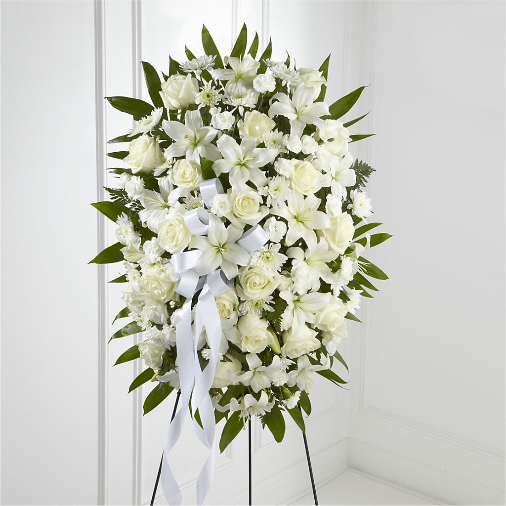 Exquisite Tribute Standing Spray-White Ribbon – Edith Vl, Minneapolis MN